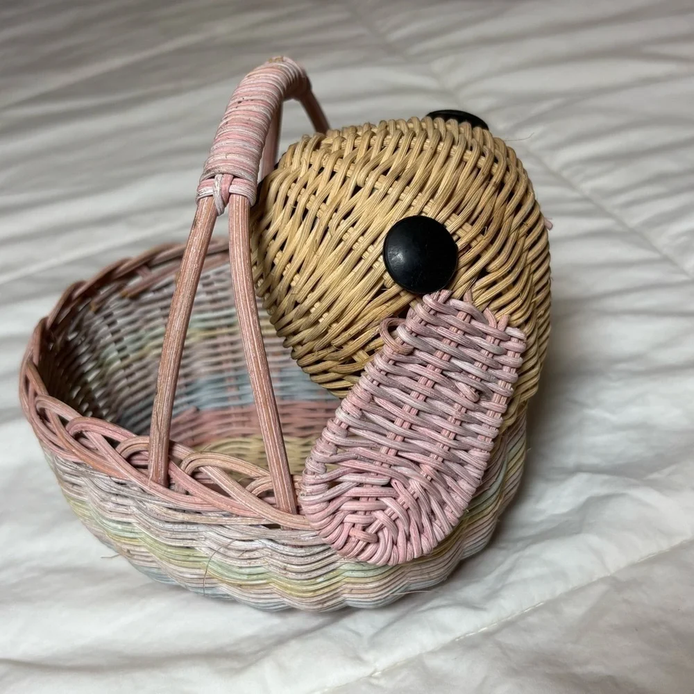 Vintage Woven Easter Bunny Basket with Pink, Blue, and Tan Accents